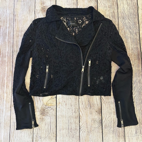 Guess Jackets & Blazers - Guess Black Lace Cropped Blazer Small Moto Rave Party Streetwear Baddie 80s Zip